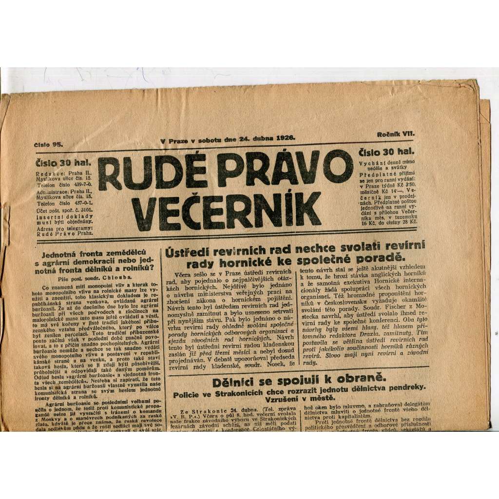 Rudé právo - večerník, ročník VII., číslo 95 (24.4.1926) - staré noviny, 1. republika