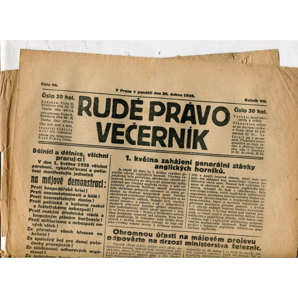 Rudé právo - večerník, ročník VII., číslo 96 (26.4.1926) - staré noviny, 1. republika