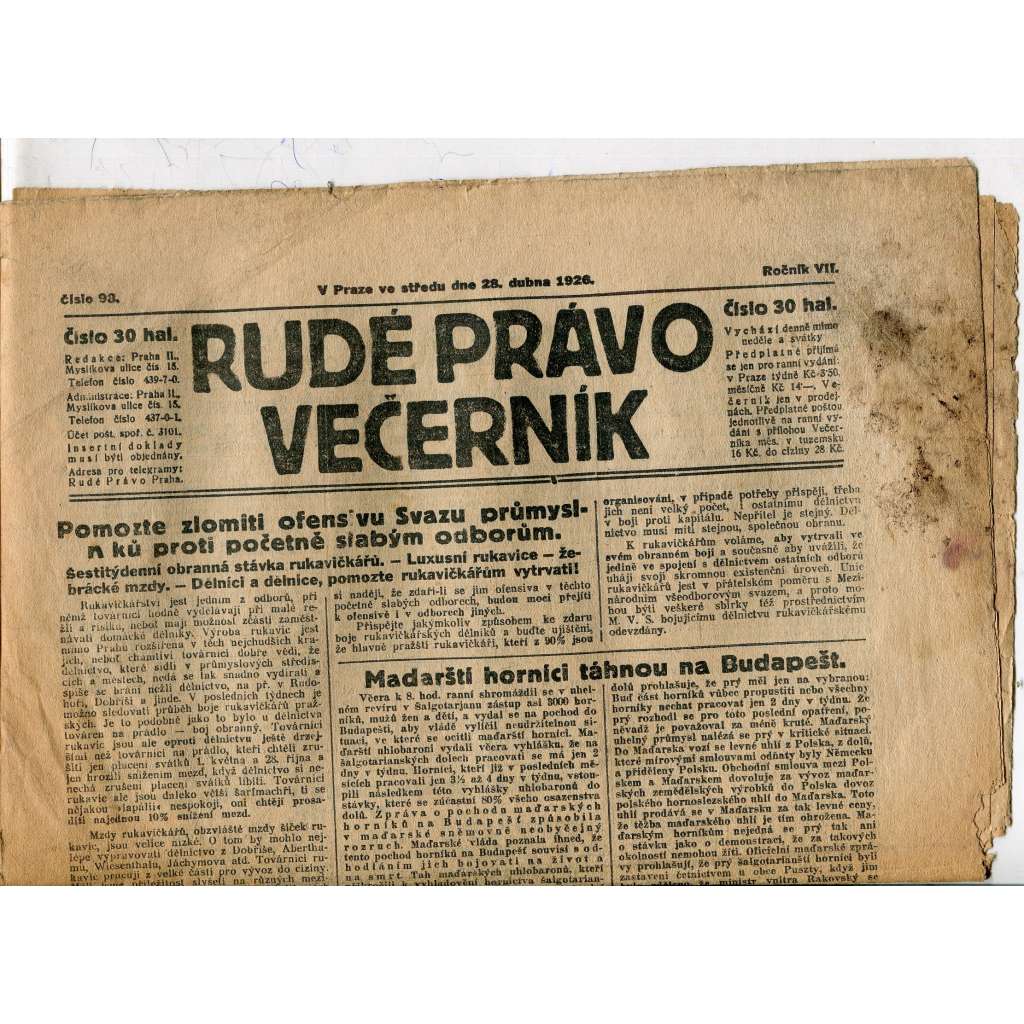 Rudé právo - večerník, ročník VII., číslo 98 (28.4.1926) - staré noviny, 1. republika