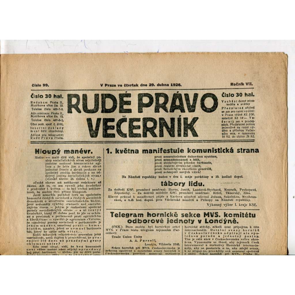Rudé právo - večerník, ročník VII., číslo 99 (29.4.1926) - staré noviny, 1. republika