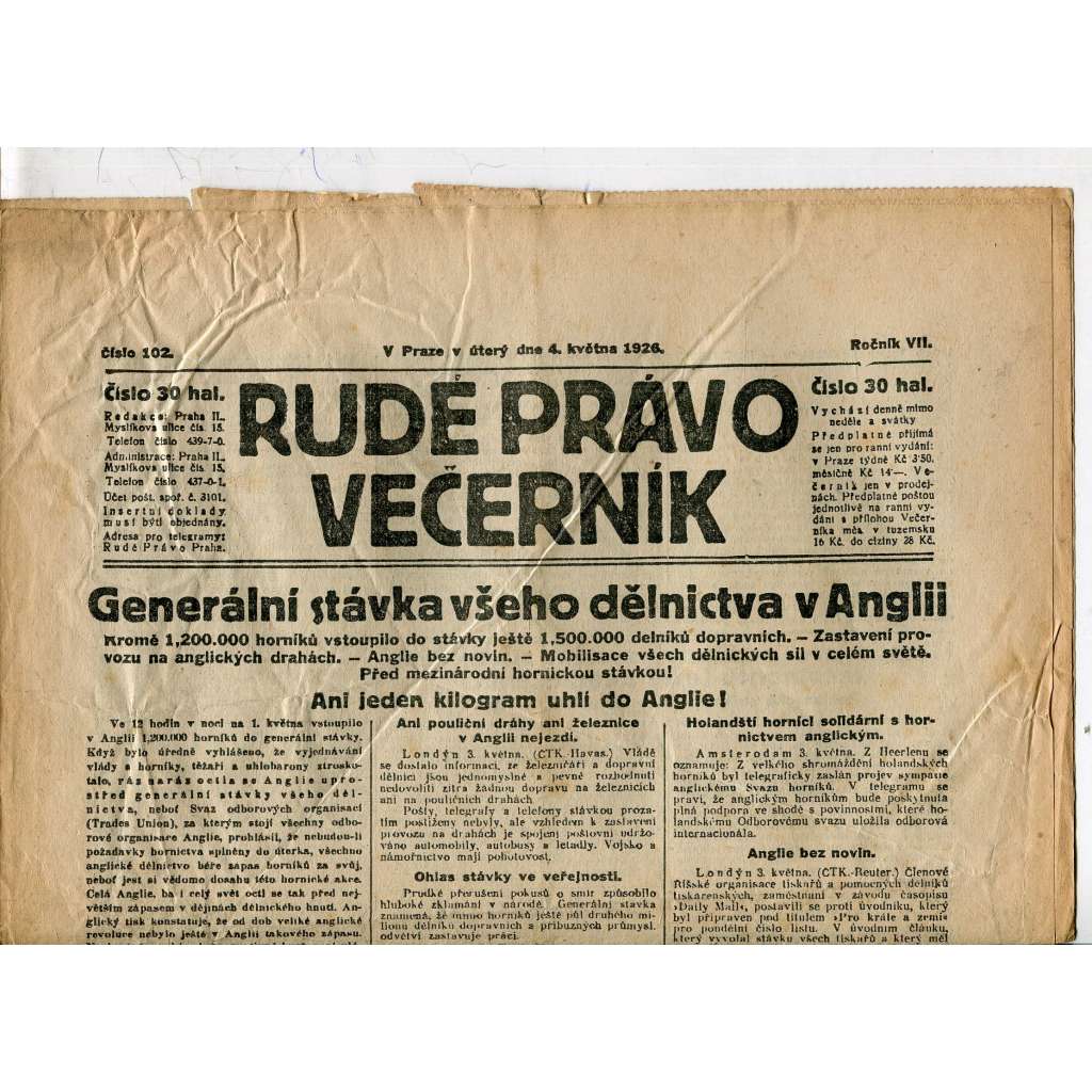 Rudé právo - večerník, ročník VII., číslo 102 (4.5.1926) - staré noviny, 1. republika