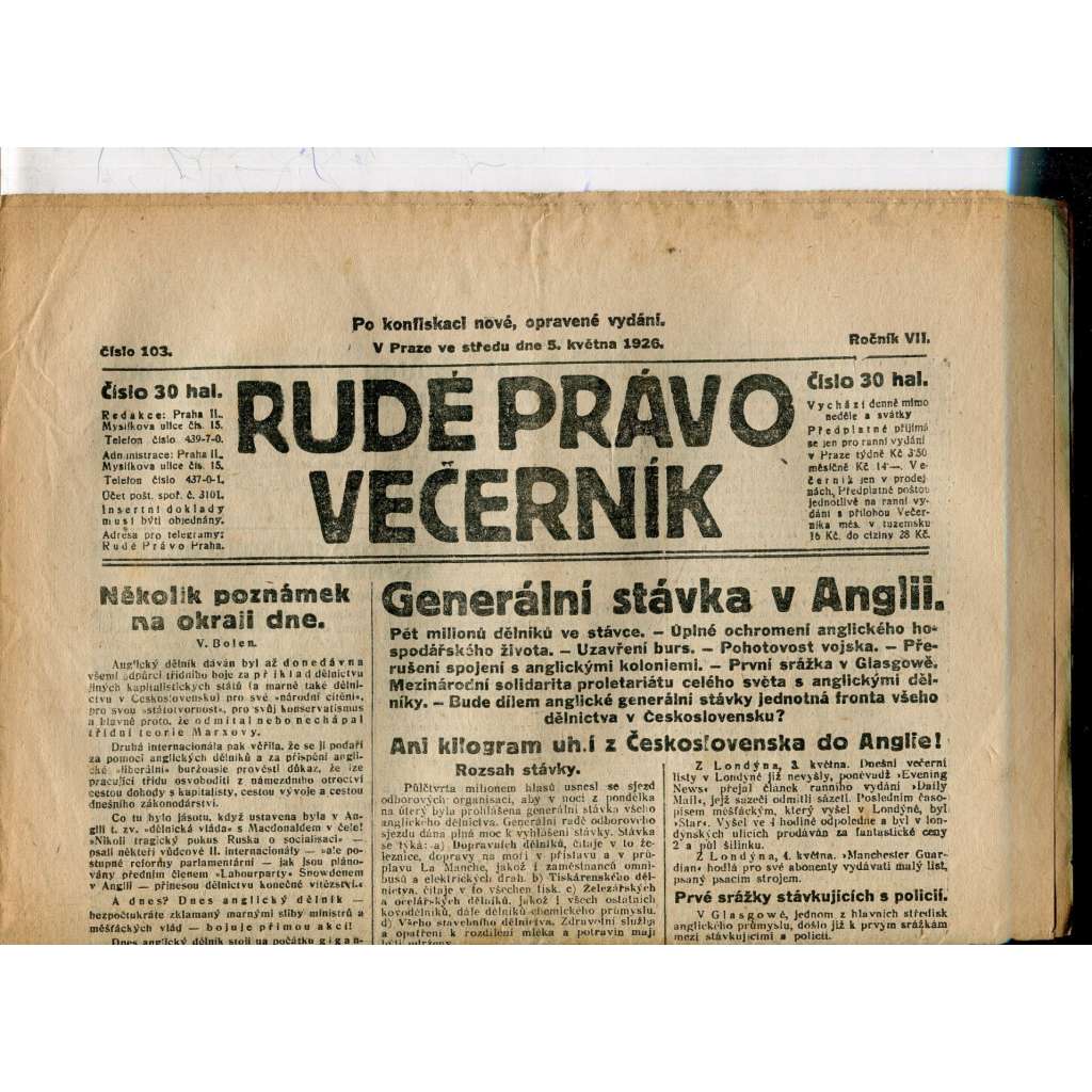 Rudé právo - večerník, ročník VII., číslo 103 (5.5.1926) - staré noviny, 1. republika