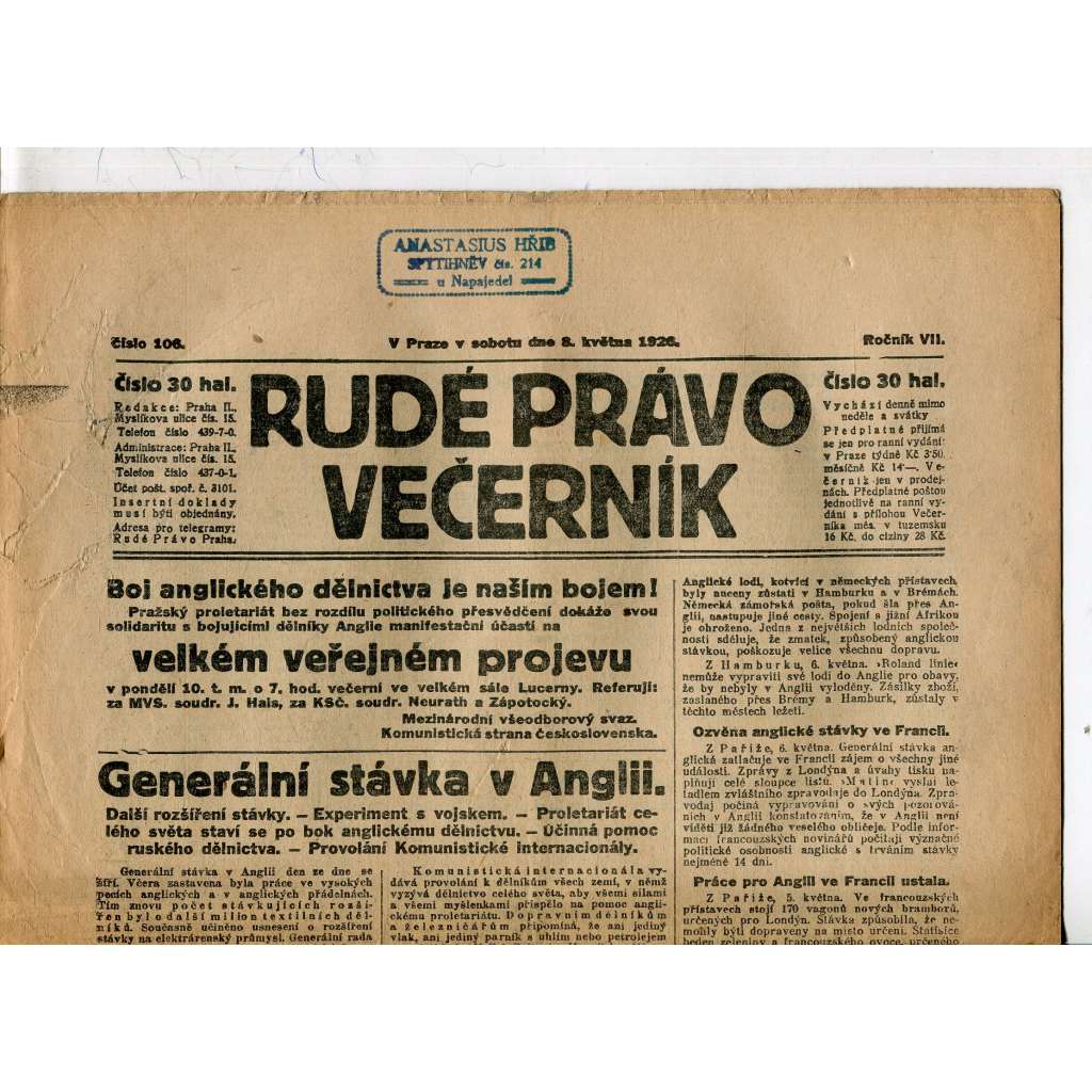 Rudé právo - večerník, ročník VII., číslo 106 (8.5.1926) - staré noviny, 1. republika