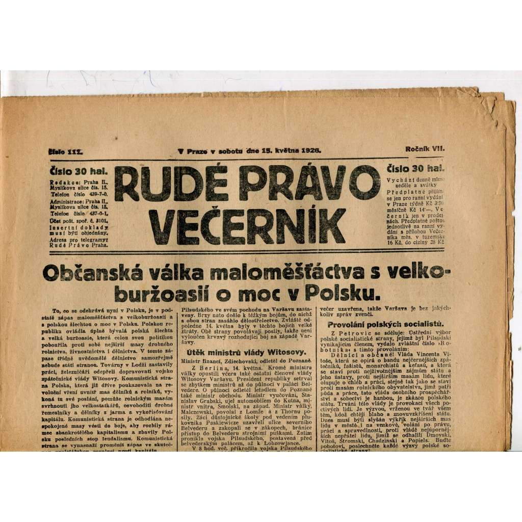 Rudé právo - večerník, ročník VII., číslo 111 (15.5.1926) - staré noviny, 1. republika