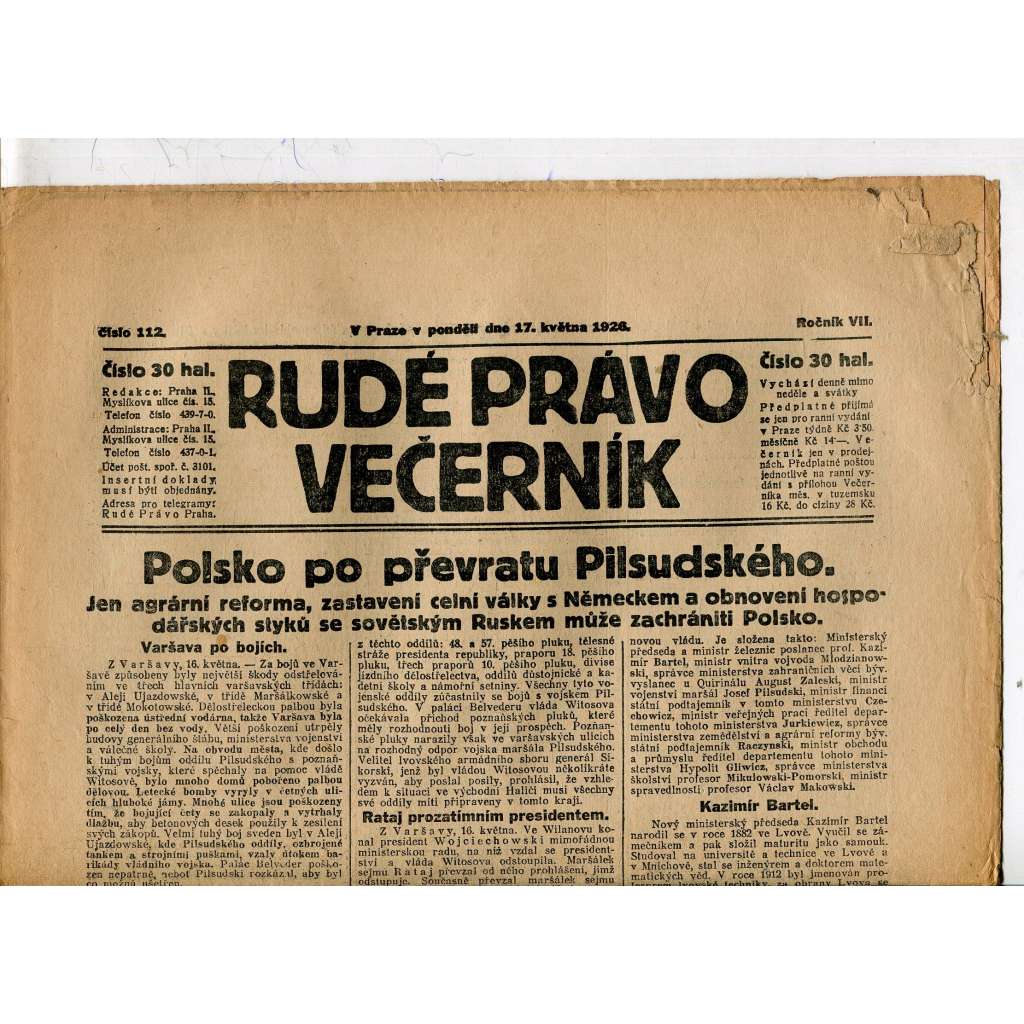 Rudé právo - večerník, ročník VII., číslo 112 (17.5.1926) - staré noviny, 1. republika