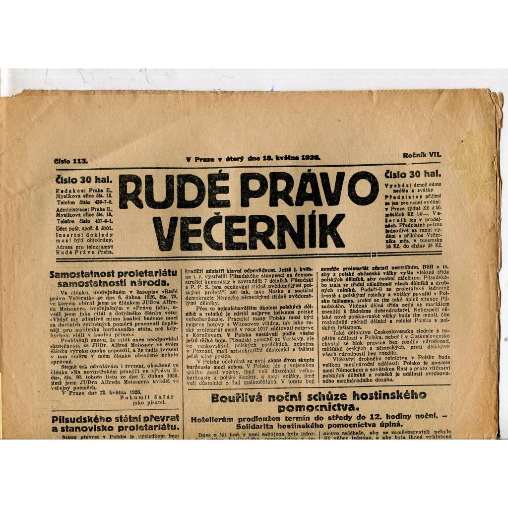 Rudé právo - večerník, ročník VII., číslo 113 (18.5.1926) - staré noviny, 1. republika