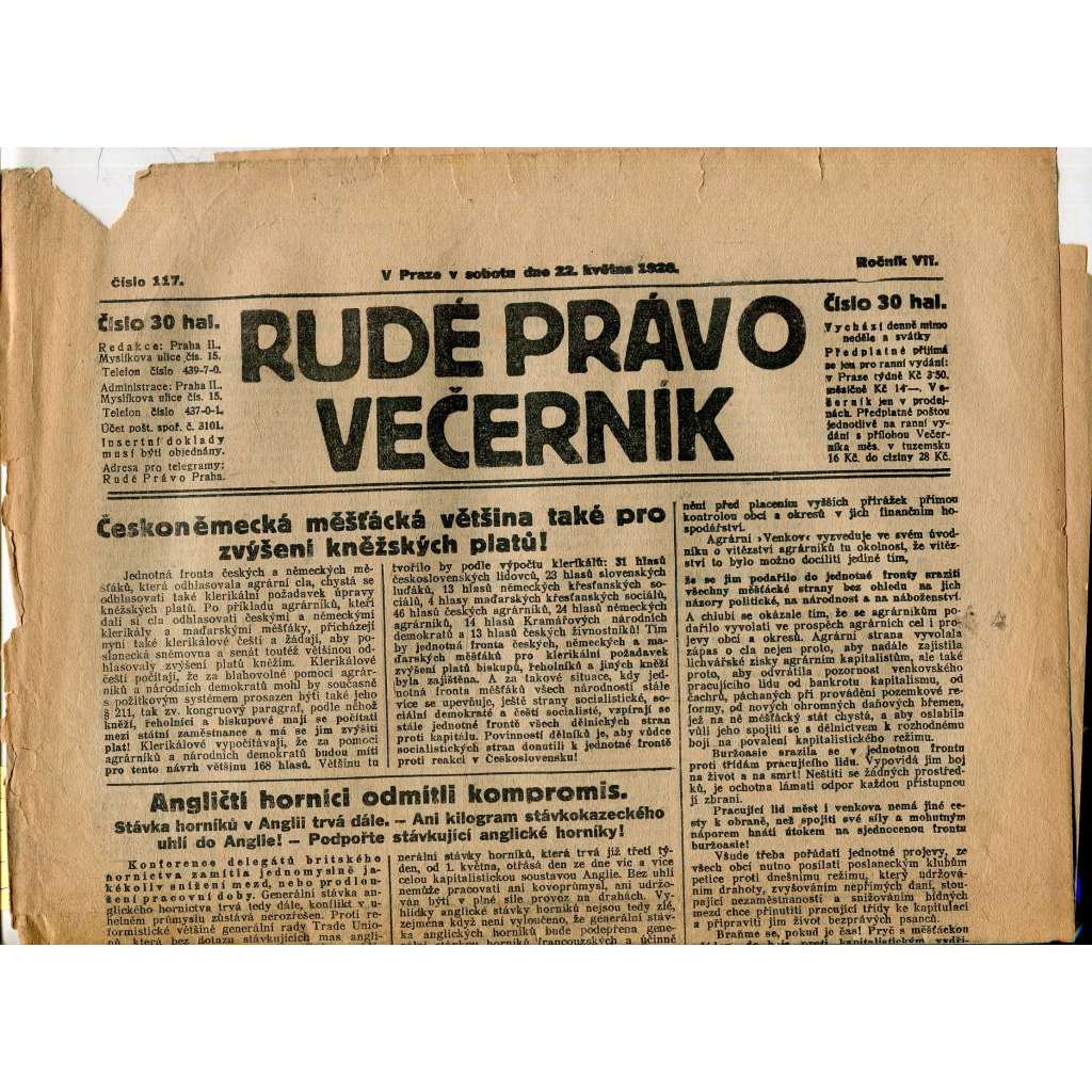 Rudé právo - večerník, ročník VII., číslo 117 (22.5.1926) - staré noviny, 1. republika