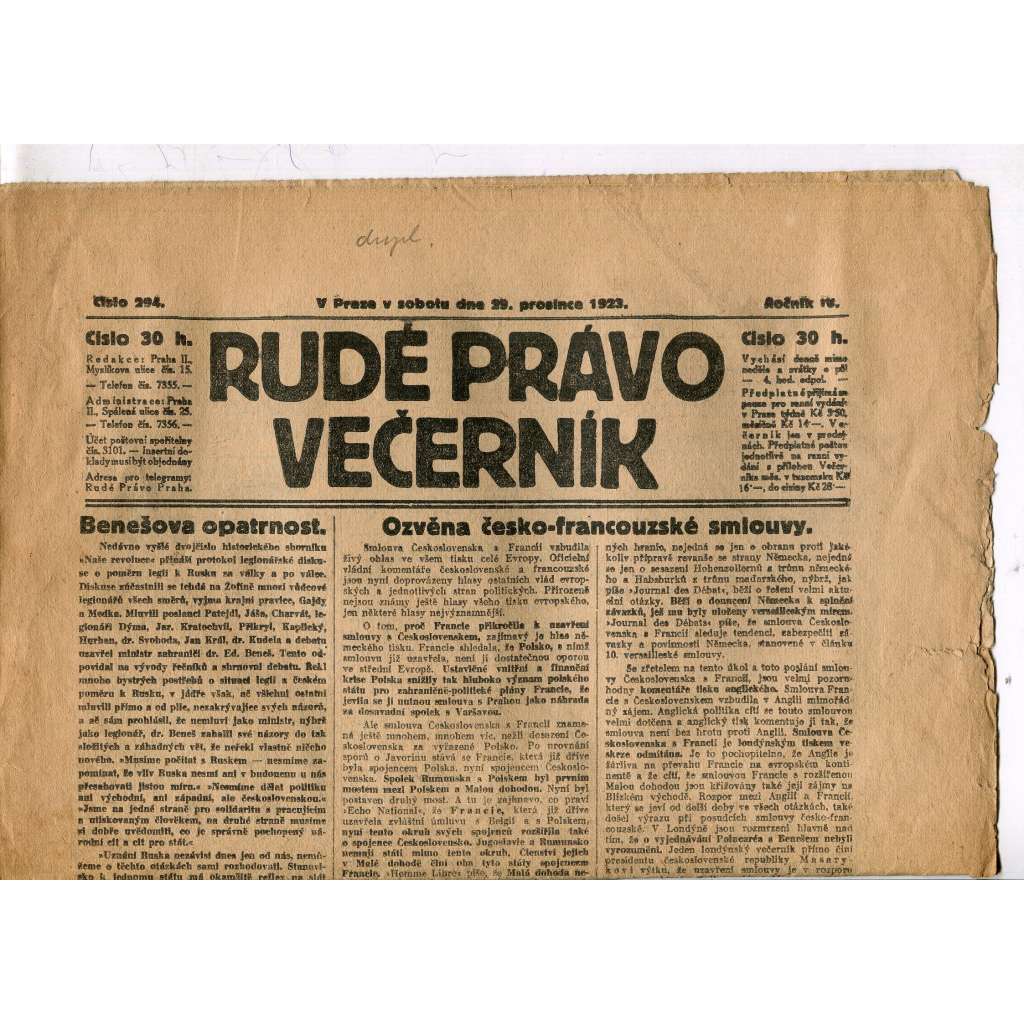 Rudé právo - večerník, ročník IV., číslo 294 (29.12.1923) - staré noviny, 1. republika