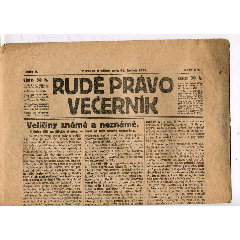 Rudé právo - večerník, ročník V., číslo 9 (11.1.1924) - staré noviny, 1. republika