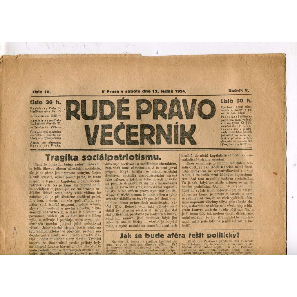 Rudé právo - večerník, ročník V., číslo 10 (12.1.1924) - staré noviny, 1. republika