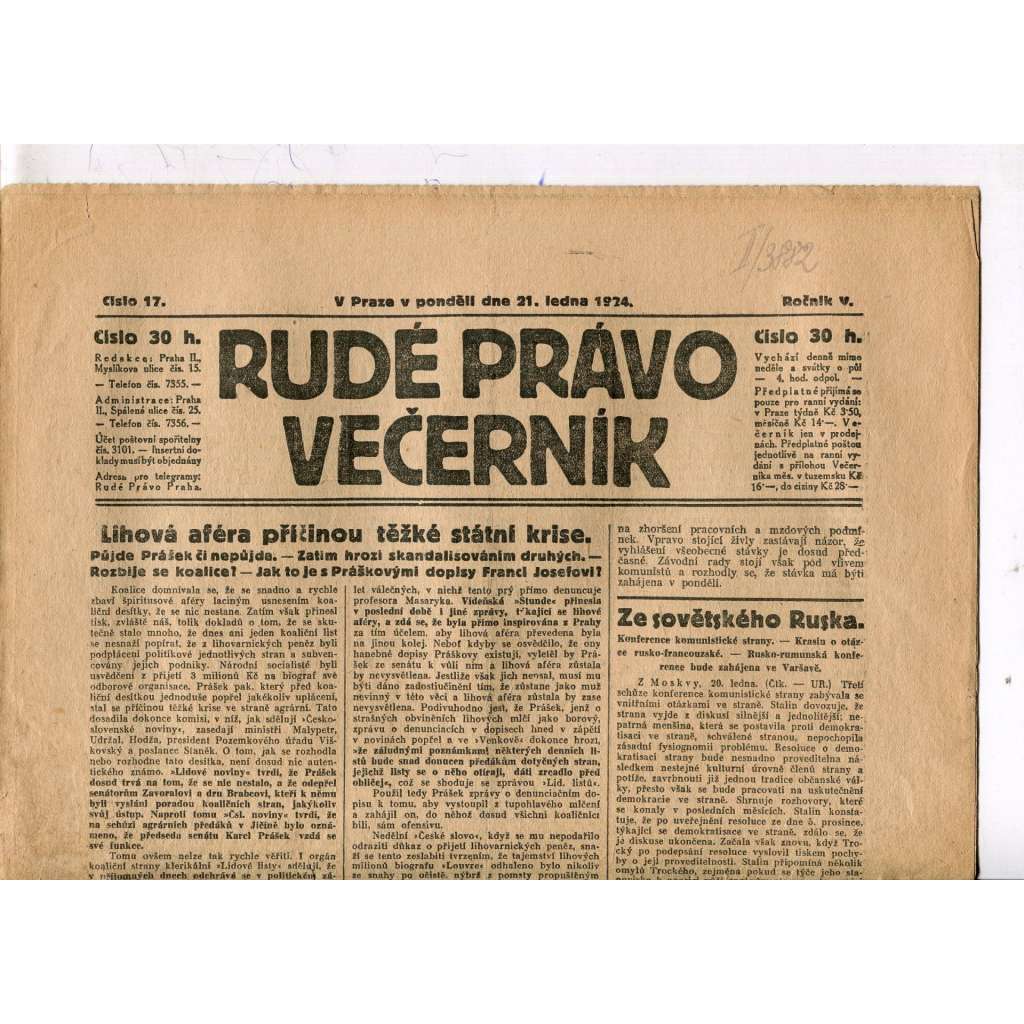 Rudé právo - večerník, ročník V., číslo 17 (21.1.1924) - staré noviny, 1. republika