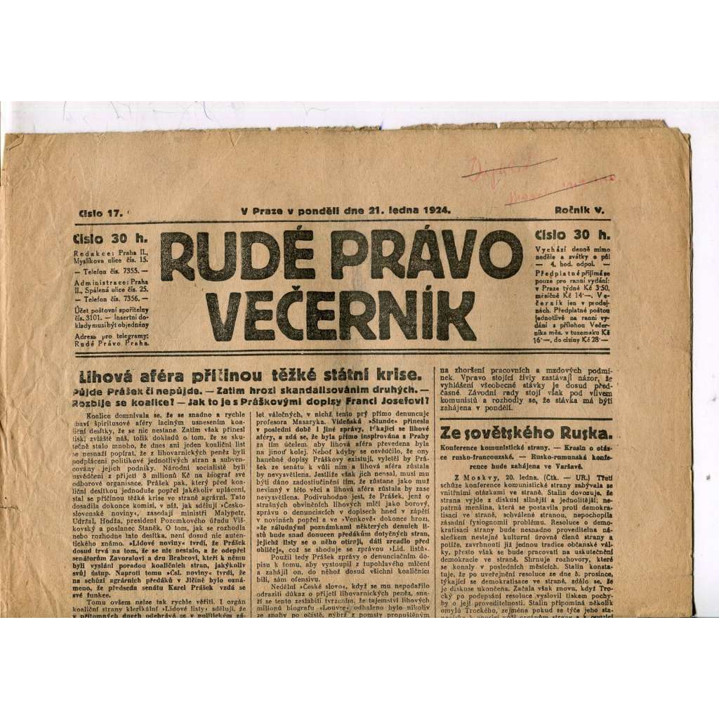 Rudé právo - večerník, ročník V., číslo 17 (21.1.1924) - staré noviny, 1. republika