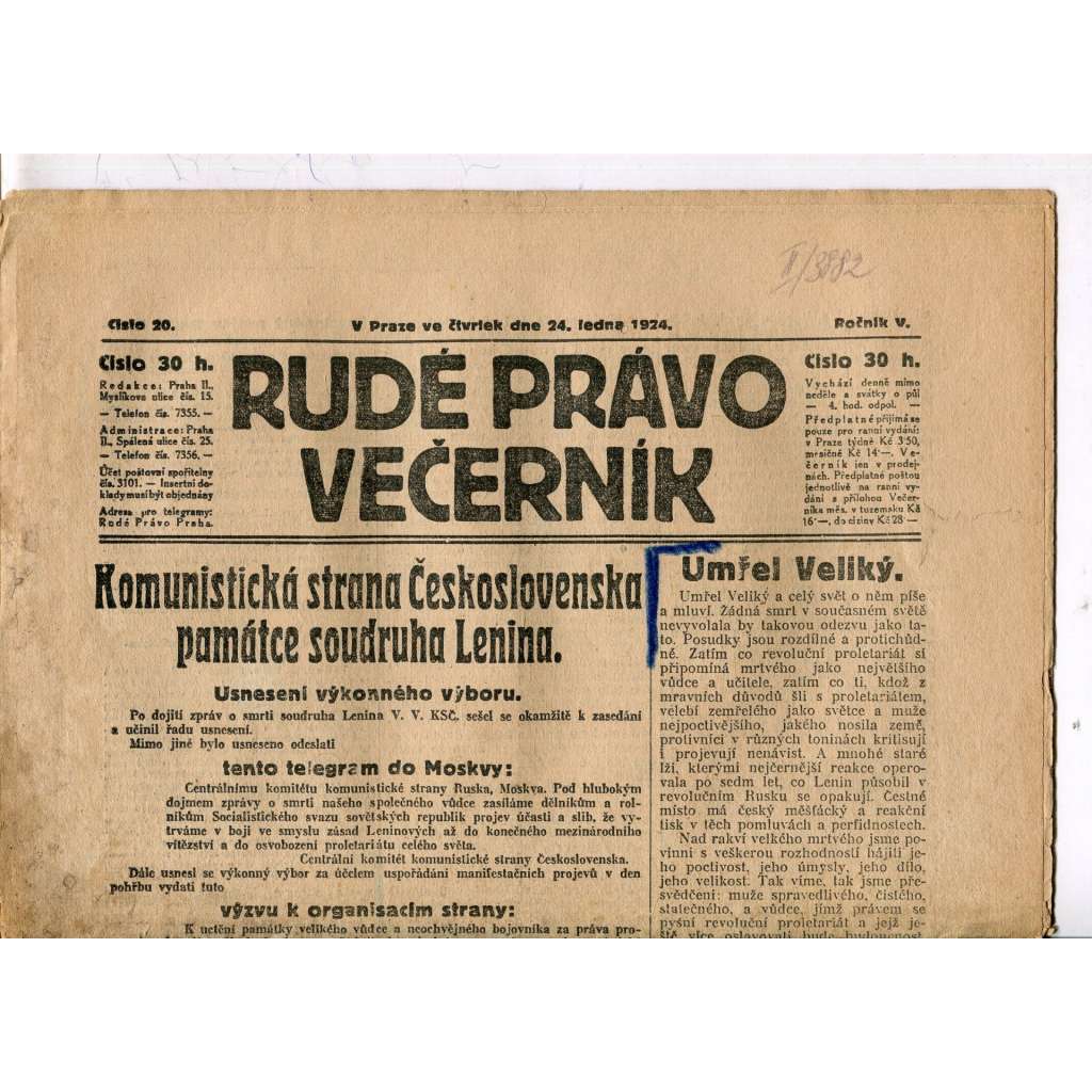 Rudé právo - večerník, ročník V., číslo 20 (24.1.1924) - staré noviny, 1. republika