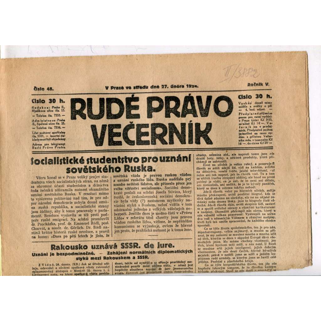 Rudé právo - večerník, ročník V., číslo 48 (27.2.1924) - staré noviny, 1. republika
