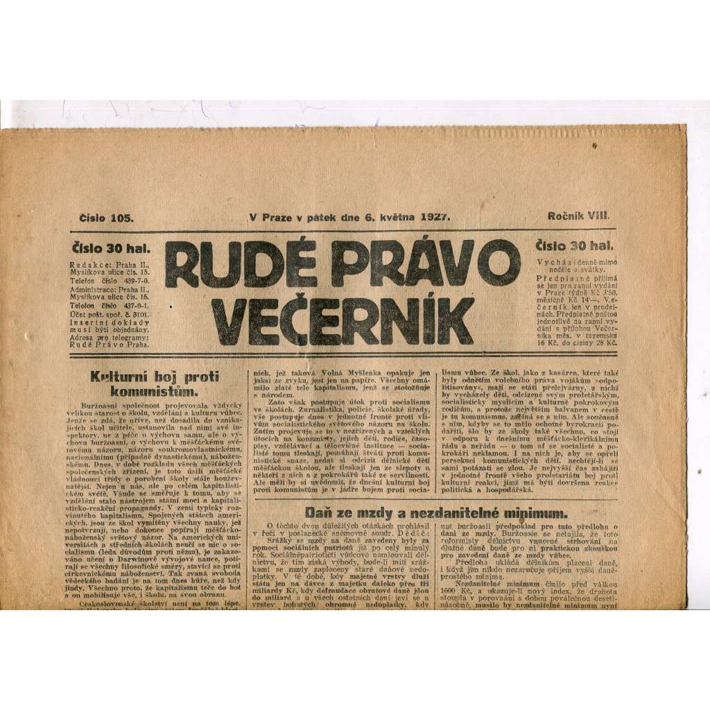 Rudé právo - večerník, ročník VIII., číslo 105 (6.5.1927) - staré noviny, 1. republika