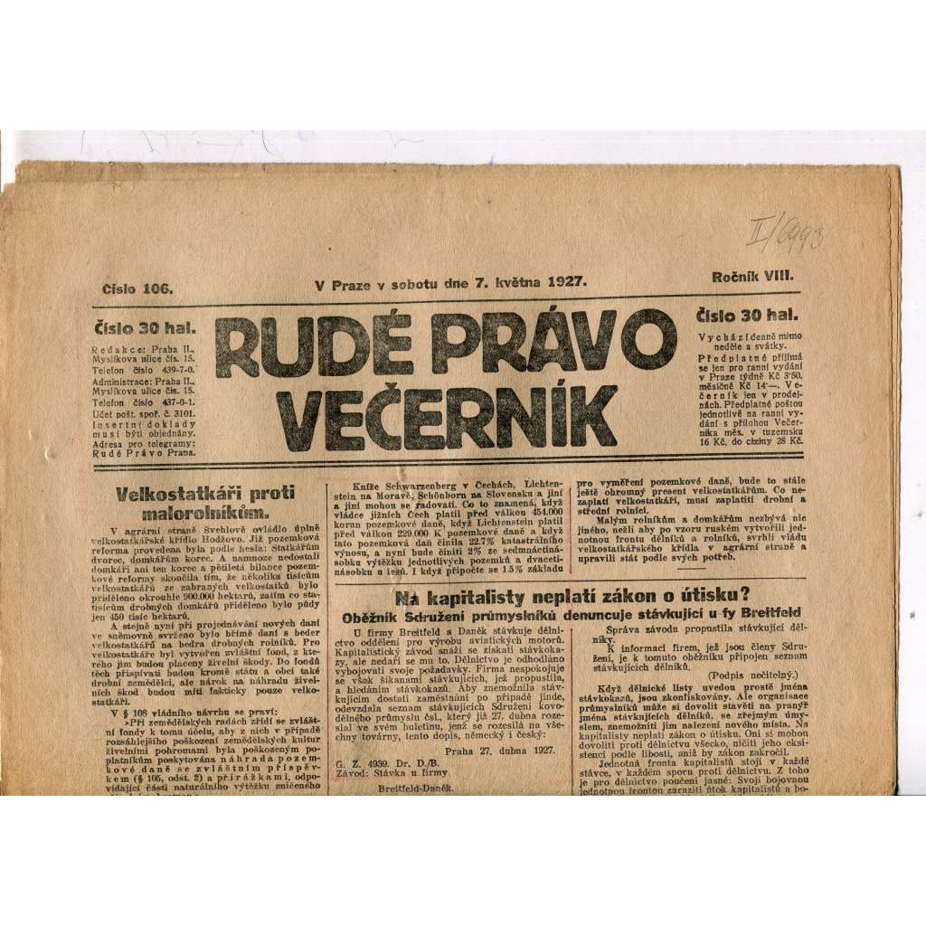 Rudé právo - večerník, ročník VIII., číslo 106 (7.5.1927) - staré noviny, 1. republika