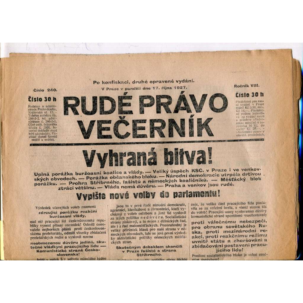 Rudé právo - večerník, ročník VIII., číslo 240 (17.10.1927) - staré noviny, 1. republika