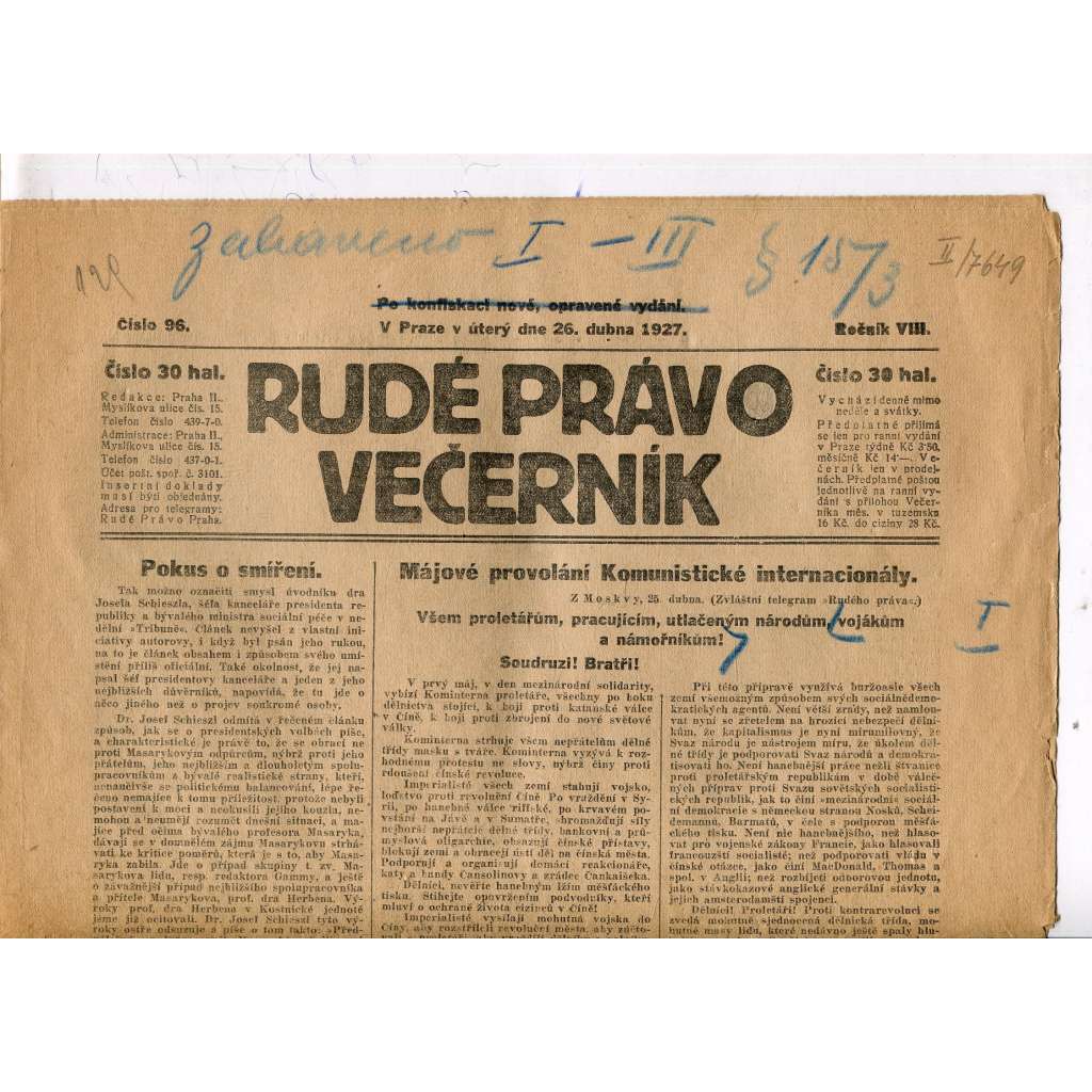 Rudé právo - večerník, ročník VIII., číslo 96 (26.4.1927) - staré noviny, 1. republika