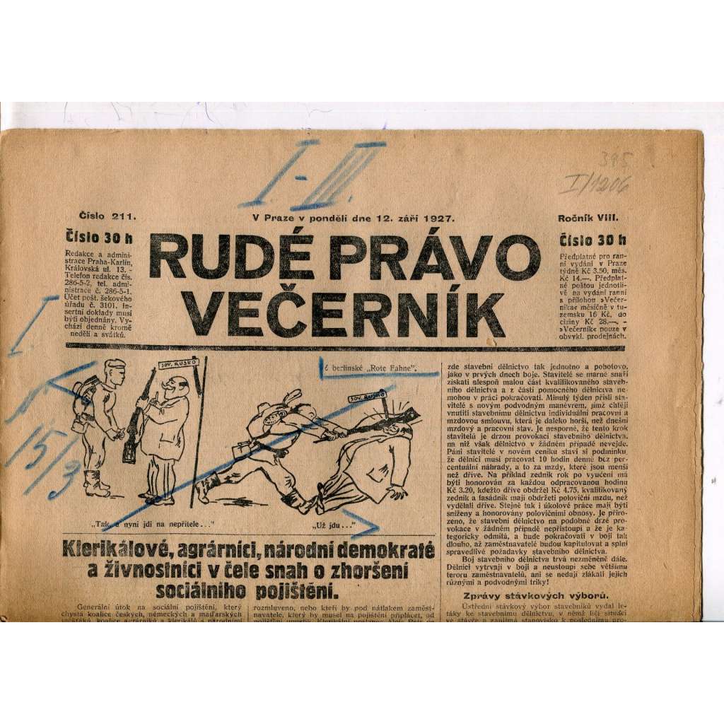 Rudé právo - večerník, ročník VIII., číslo 211 (12.9.1927) - staré noviny, 1. republika