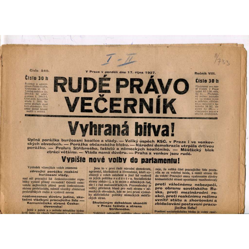 Rudé právo - večerník, ročník VIII., číslo 240 (17.10.1927) - staré noviny, 1. republika