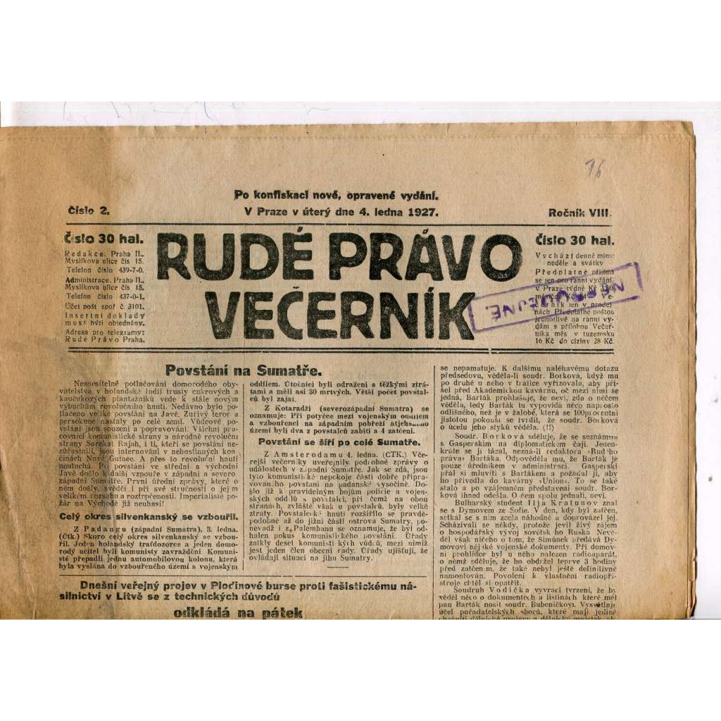 Rudé právo - večerník, ročník VIII., číslo 2 (4.1.1927) - staré noviny, 1. republika