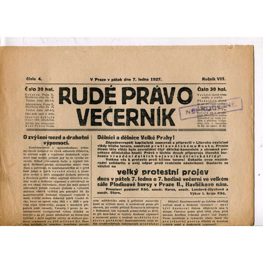 Rudé právo - večerník, ročník VIII., číslo 4 (7.1.1927) - staré noviny, 1. republika