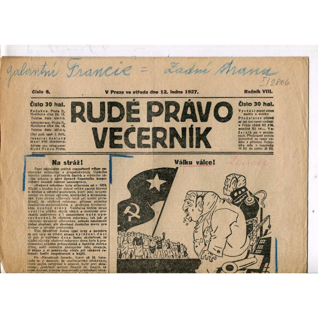 Rudé právo - večerník, ročník VIII., číslo 8 (12.1.1927) - staré noviny, 1. republika