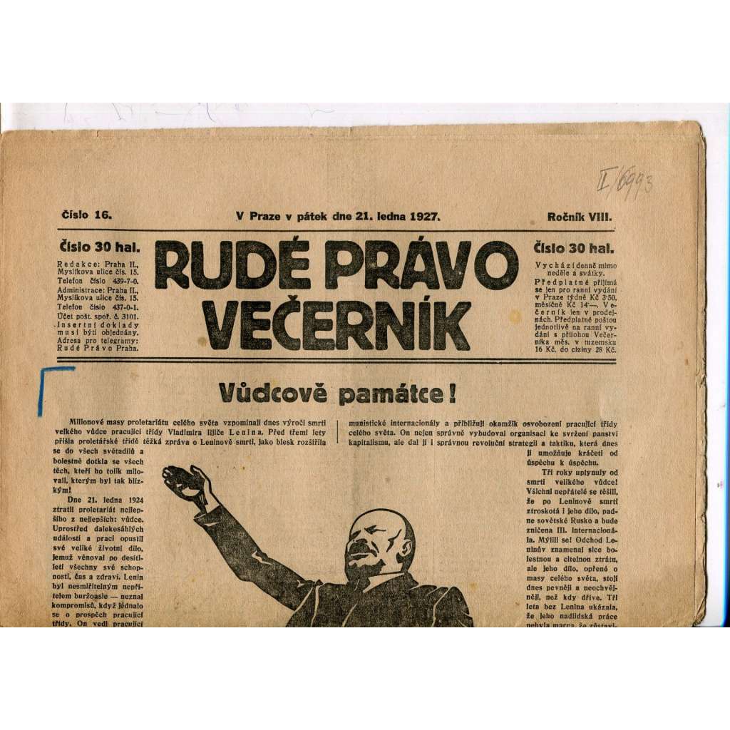 Rudé právo - večerník, ročník VIII., číslo 16 (21.1.1927) - staré noviny, 1. republika
