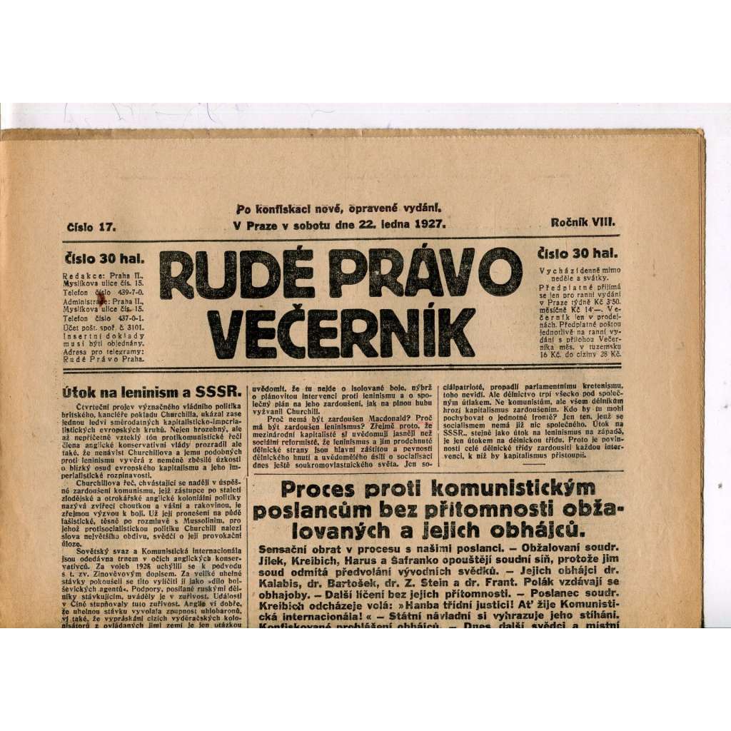 Rudé právo - večerník, ročník VIII., číslo 17 (22.1.1927) - staré noviny, 1. republika
