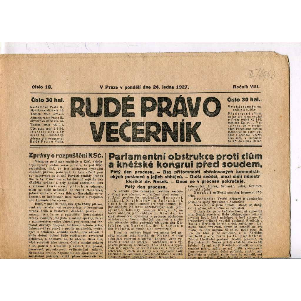 Rudé právo - večerník, ročník VIII., číslo 18 (24.1.1927) - staré noviny, 1. republika