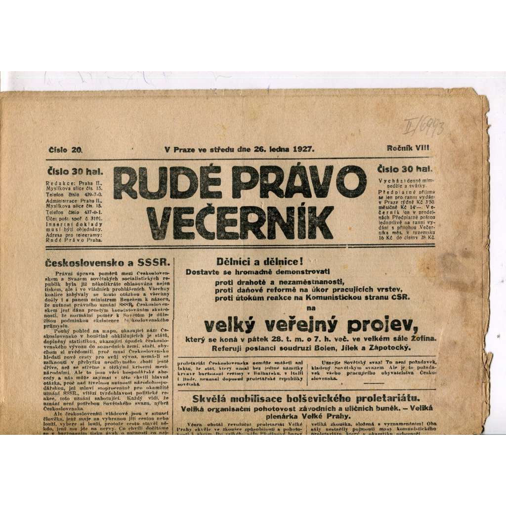 Rudé právo - večerník, ročník VIII., číslo 20 (26.1.1927) - staré noviny, 1. republika