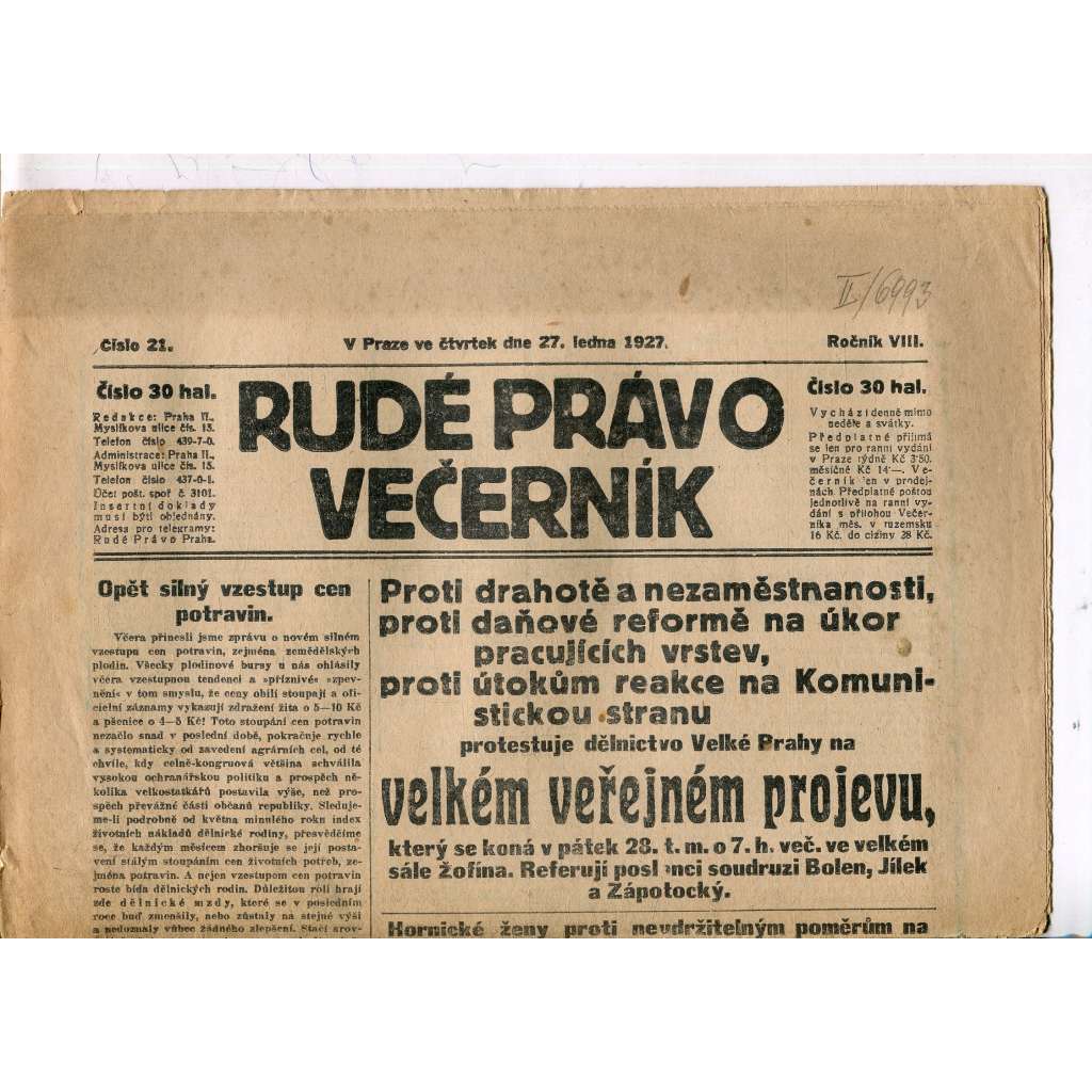 Rudé právo - večerník, ročník VIII., číslo 21 (27.1.1927) - staré noviny, 1. republika