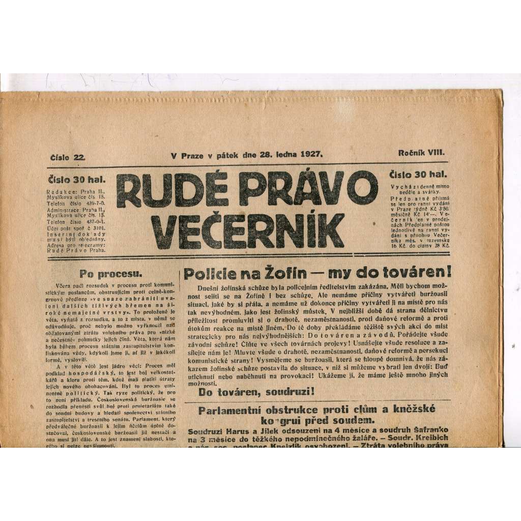 Rudé právo - večerník, ročník VIII., číslo 22 (28.1.1927) - staré noviny, 1. republika