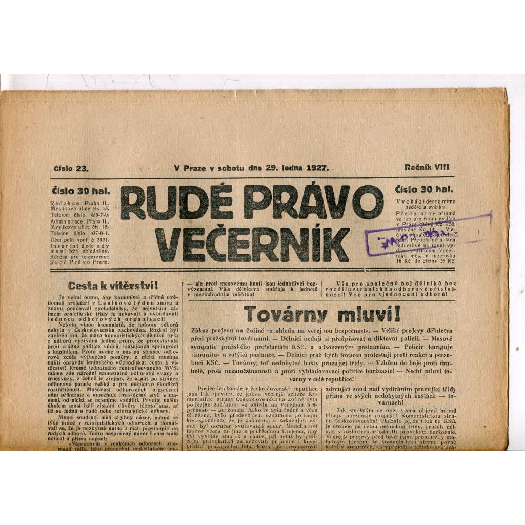 Rudé právo - večerník, ročník VIII., číslo 23 (29.1.1927) - staré noviny, 1. republika