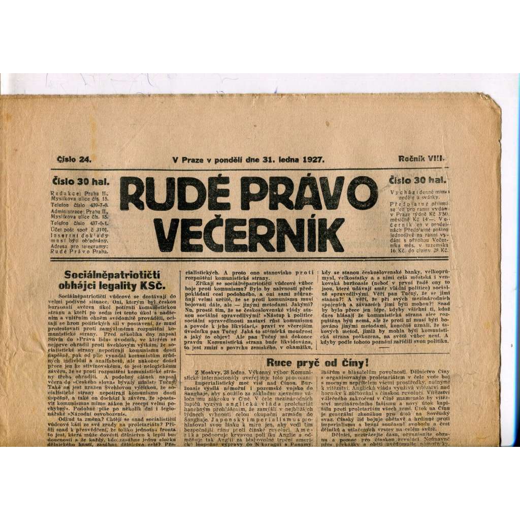 Rudé právo - večerník, ročník VIII., číslo 24 (31.1.1927) - staré noviny, 1. republika
