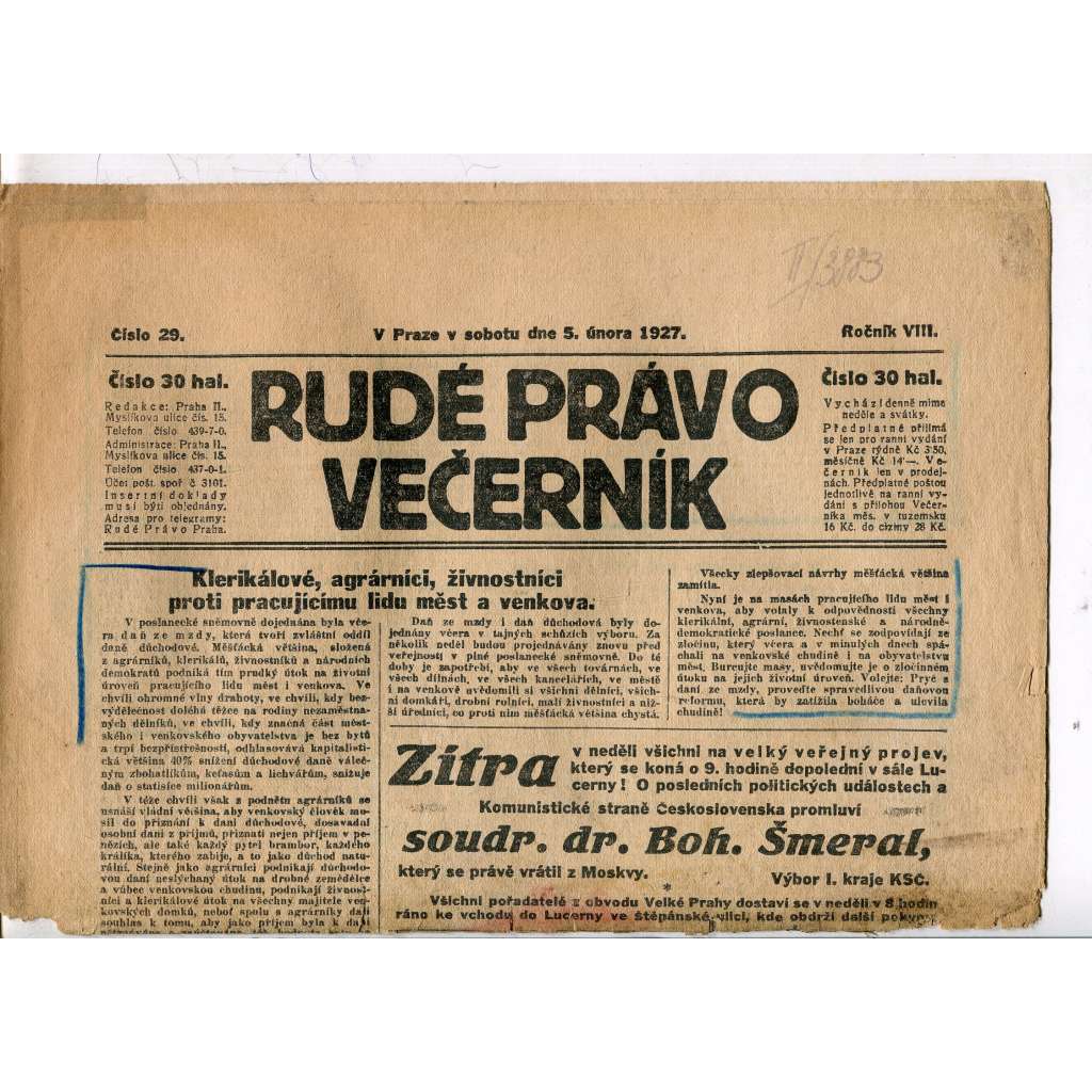 Rudé právo - večerník, ročník VIII., číslo 29 (5.2.1927) - staré noviny, 1. republika (pošk.)