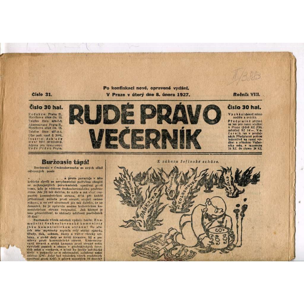 Rudé právo - večerník, ročník VIII., číslo 31 (8.2.1927) - staré noviny, 1. republika