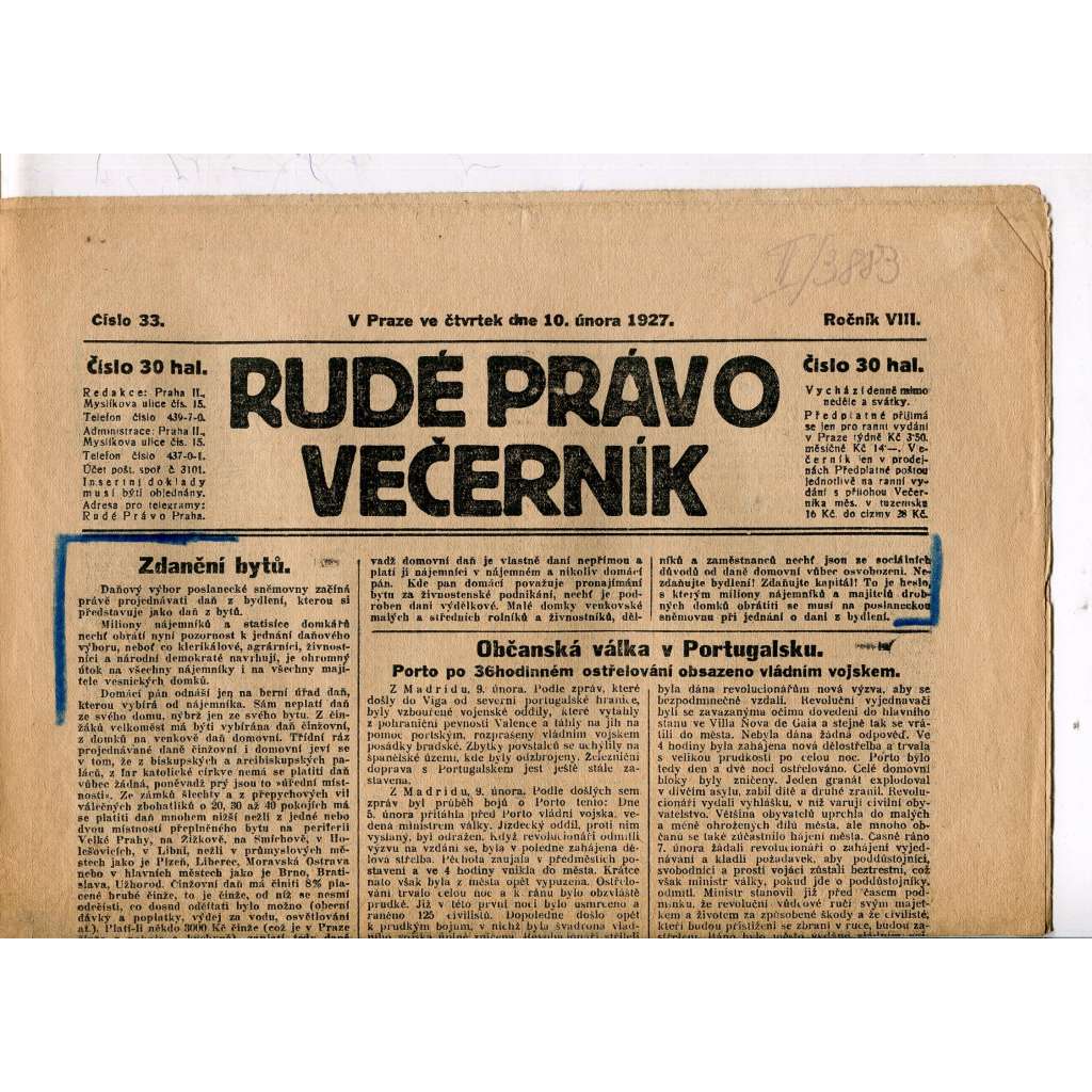 Rudé právo - večerník, ročník VIII., číslo 33 (10.2.1927) - staré noviny, 1. republika