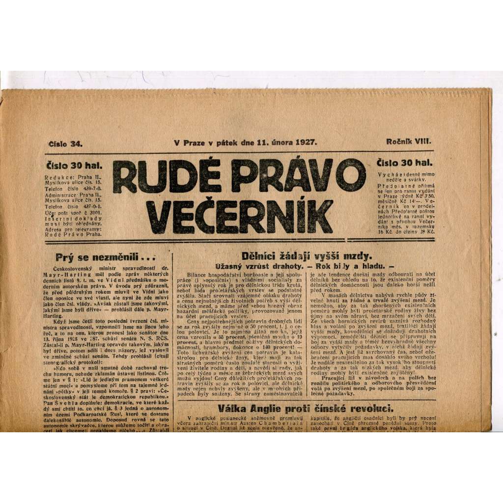 Rudé právo - večerník, ročník VIII., číslo 34 (11.2.1927) - staré noviny, 1. republika