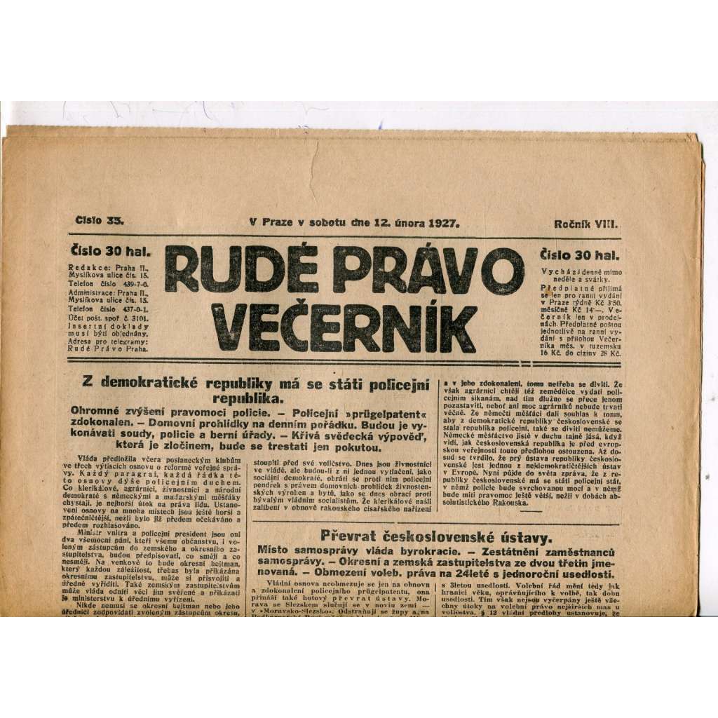 Rudé právo - večerník, ročník VIII., číslo 35 (12.2.1927) - staré noviny, 1. republika