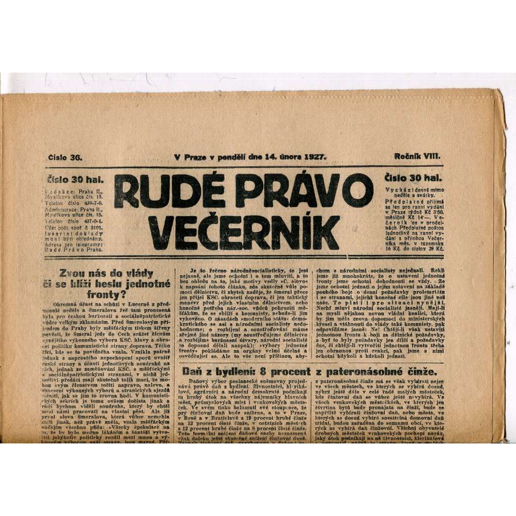 Rudé právo - večerník, ročník VIII., číslo 36 (14.2.1927) - staré noviny, 1. republika