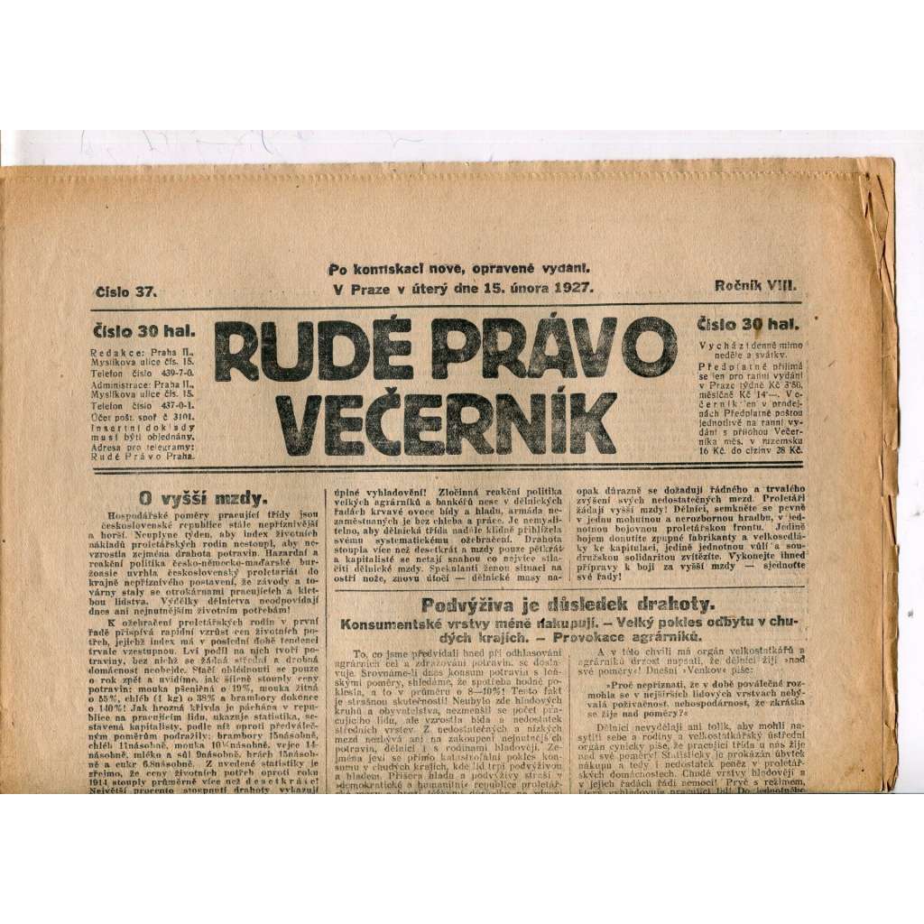 Rudé právo - večerník, ročník VIII., číslo 37 (15.2.1927) - staré noviny, 1. republika