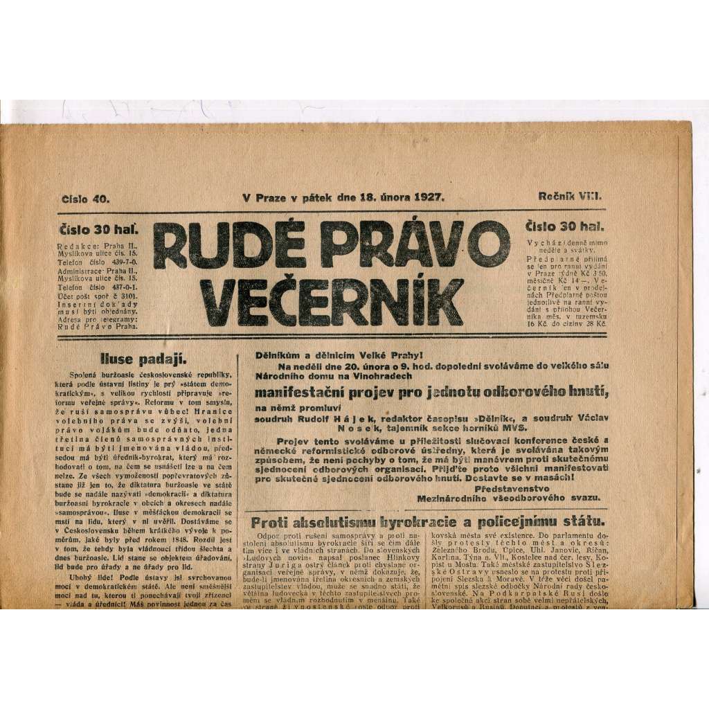 Rudé právo - večerník, ročník VIII., číslo 40 (18.2.1927) - staré noviny, 1. republika