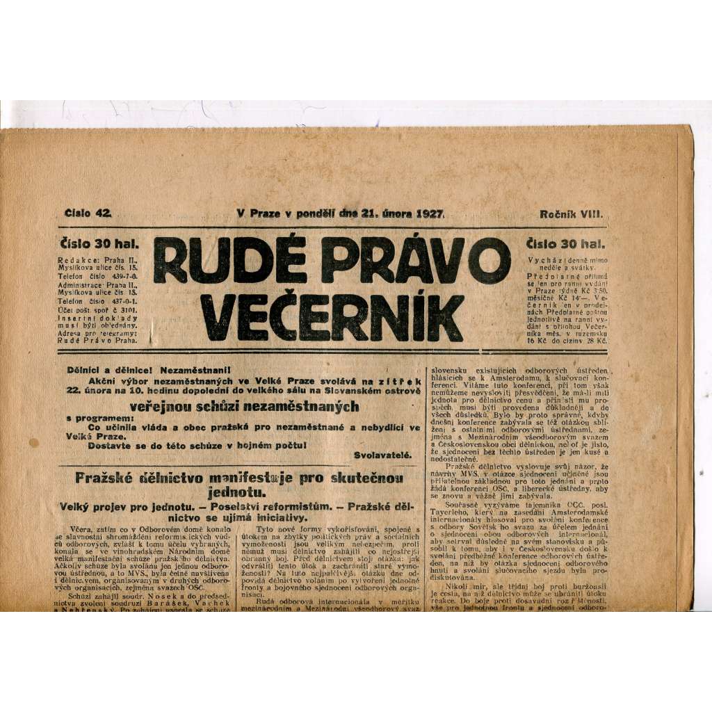 Rudé právo - večerník, ročník VIII., číslo 42 (21.2.1927) - staré noviny, 1. republika