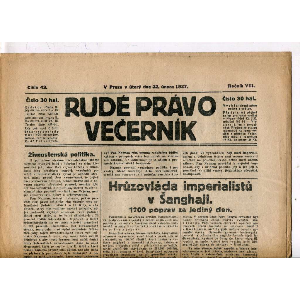 Rudé právo - večerník, ročník VIII., číslo 43 (22.2.1927) - staré noviny, 1. republika