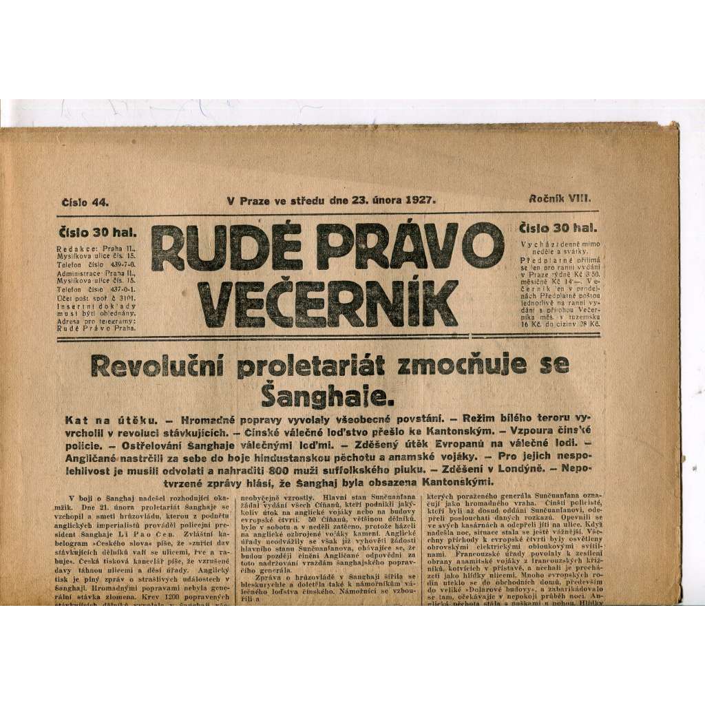 Rudé právo - večerník, ročník VIII., číslo 44 (23.2.1927) - staré noviny, 1. republika