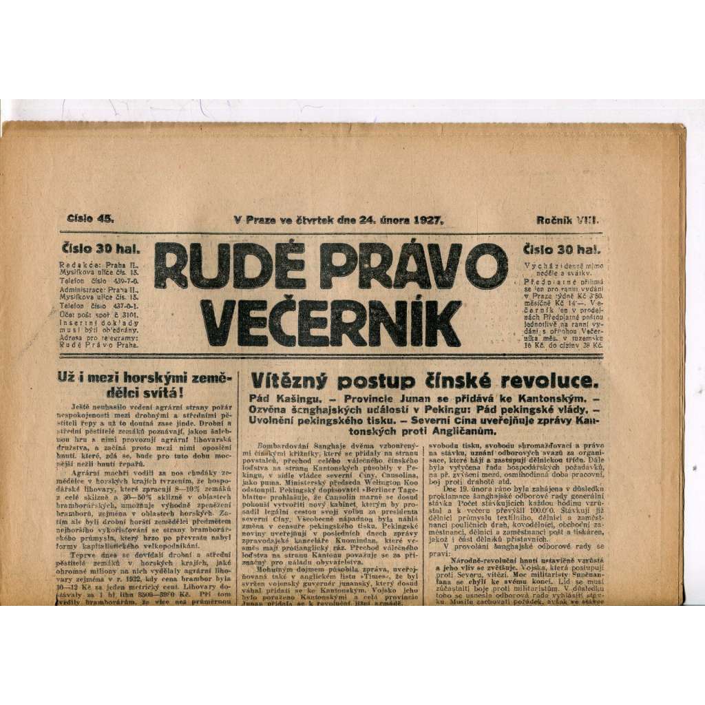 Rudé právo - večerník, ročník VIII., číslo 45 (24.2.1927) - staré noviny, 1. republika