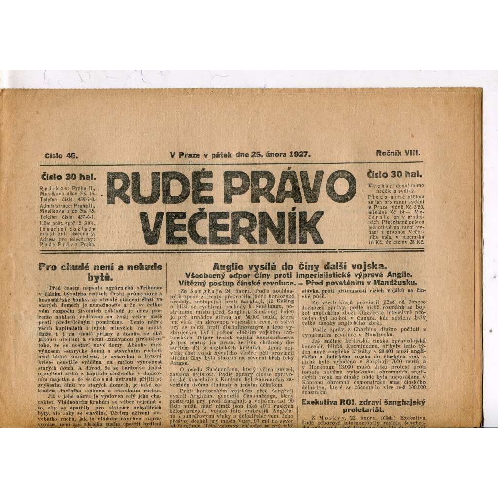 Rudé právo - večerník, ročník VIII., číslo 46 (25.2.1927) - staré noviny, 1. republika