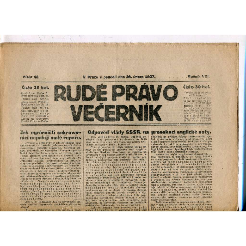 Rudé právo - večerník, ročník VIII., číslo 48 (28.2.1927) - staré noviny, 1. republika