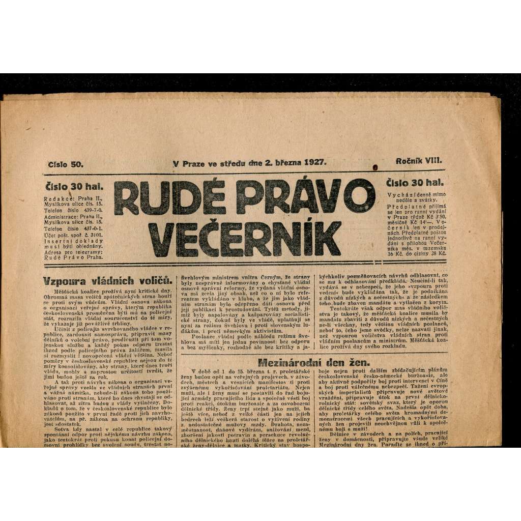 Rudé právo - večerník, ročník VIII., číslo 50 (2.3.1927) - staré noviny, 1. republika